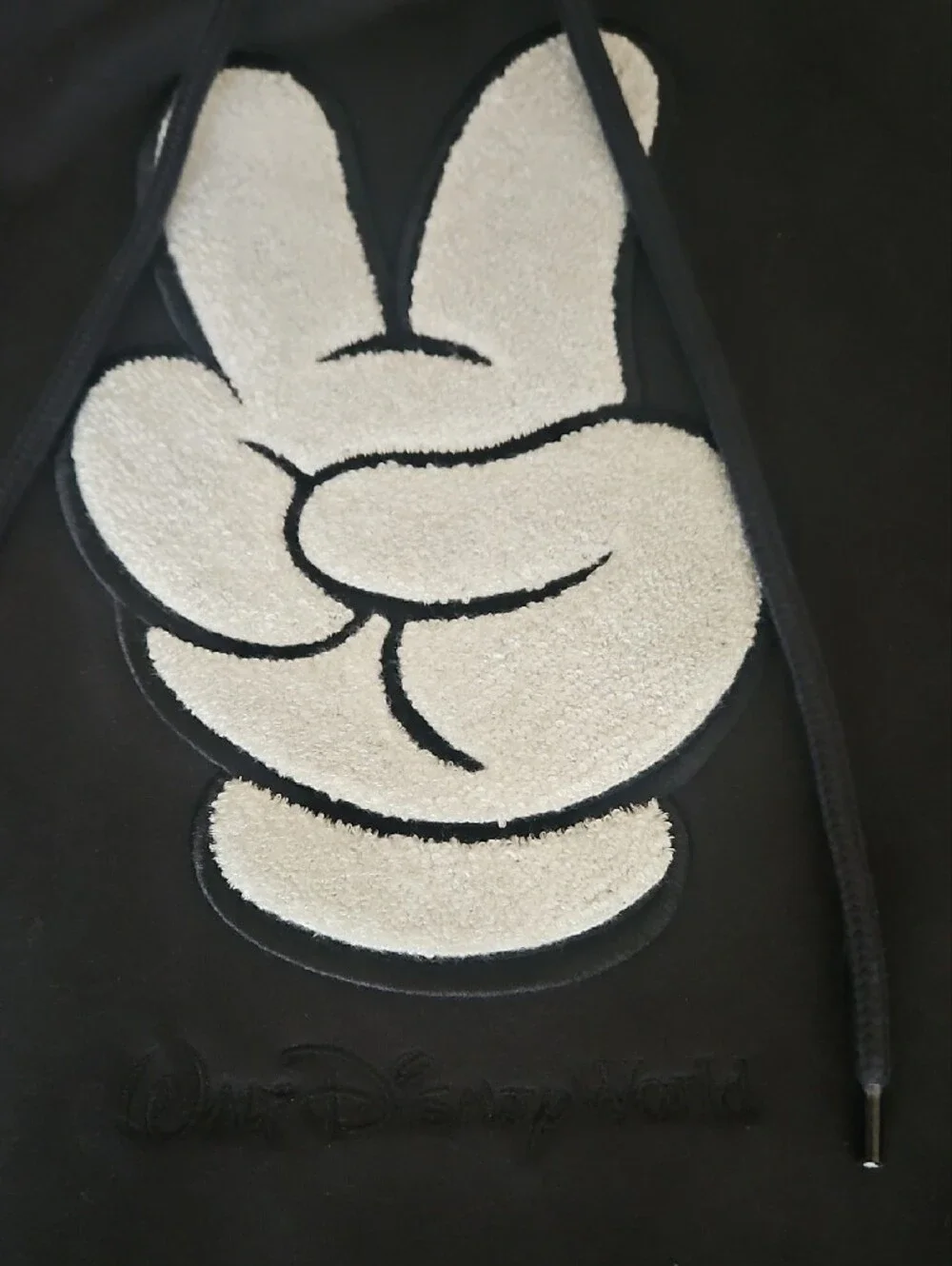 Disney Men's Black Crewneck Hoodie with White Mickey Peace-Hand Patch